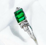 2.6ct Green Emerald Cut Engagement Ring Trilogy 14k White Gold Finish