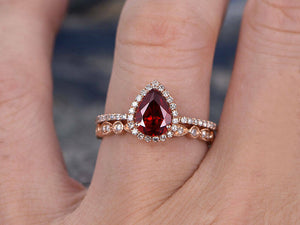 2Ct Pear Cut Red Garnet Bridal Set Vintage Band Halo Ring 14K Rose Gold Finish