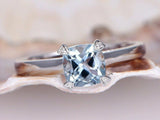 1ct Cushion Cut Blue Aquamarine Solitaire Engagement Ring 14k White Gold Finish