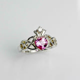 1ct Heart Cut Pink Sapphire Engagement Ring Double Knot Crown 14k WhiteGold Over