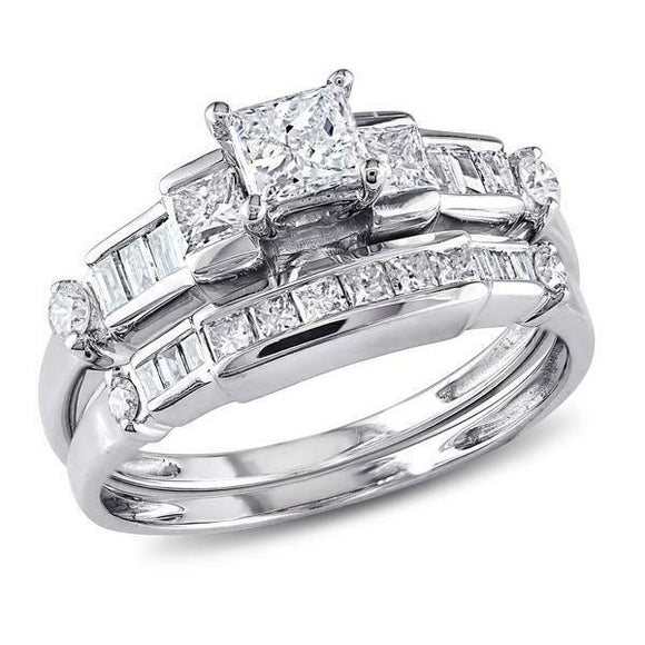 5Ct Princess Cut Diamond Bridal Set Band Engagement Ring 14K White Gold Finish