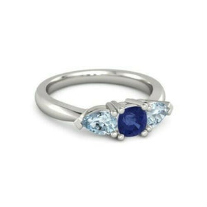 2Ct Cushion Cut Blue Sapphire Pear Accents Engagement Ring 14K White Gold Finish