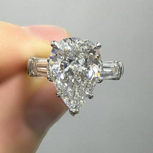 3.5Ct Pear Diamond Baguette Accent Trilogy Engagement Ring 14K White Gold Finish