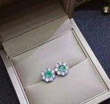 2ct Stud Earrings Round Cut Emerald Diamond Floral Design 14k White Gold Finish