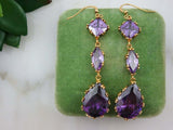 2.2ct Pear Cut Purple Amethyst Trilogy Drop Earrings 14k Yellow Gold Finish