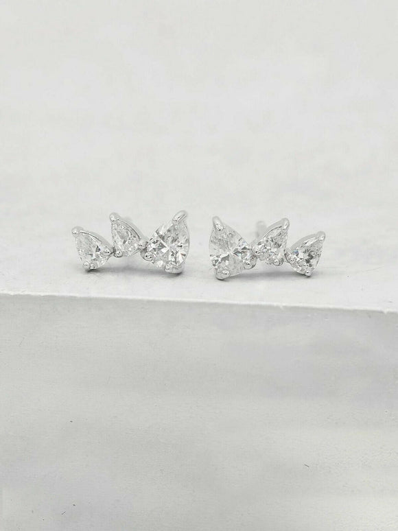 1ct Stud Earrings Pear Cut Diamond Trilogy Petite Design 14k White Gold Finish