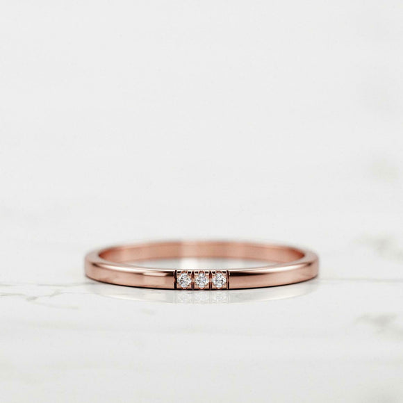 Trilogy Minimalist Wedding Ring Band 0.1ct Round Cut Diamond 14k RoseGold Finish