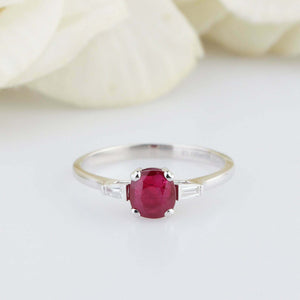 1.5ct Cushion Cut Pink Ruby Baguette Accents Trilogy Ring 14k White Gold Finish