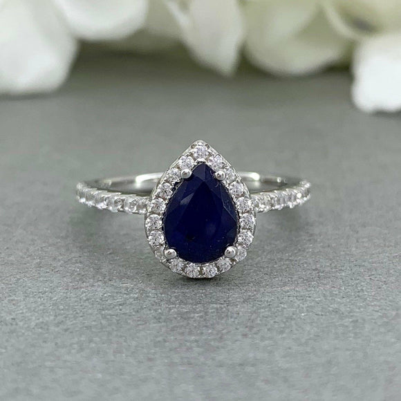 2ct Pear Cut Blue Sapphire Halo Solitaire Engagement Ring 14k White Gold Finish