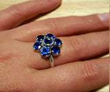 2.8ct Engagement Ring Round Cut Blue Sapphire Cluster Floral 14k White Gold Over