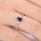 1ct Oval Cut Blue Sapphire Engagement Ring Diamond Trilogy 14k YellowGold Finish