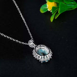 2.3ct Blue Topaz Pendant Chain Oval Cut Diamond Floral Halo 14k WhiteGold Finish