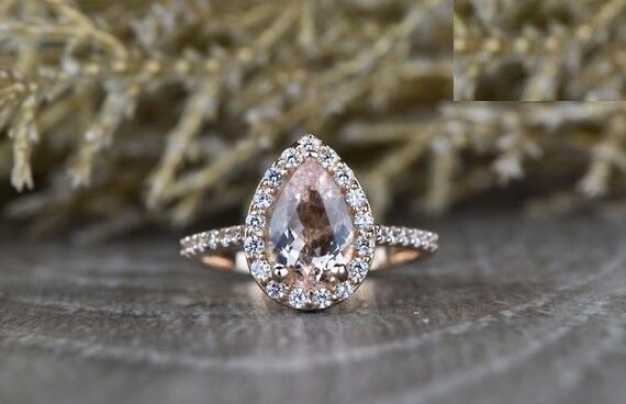 1.6ct Pear Cut Peach Morganite Engagement Ring 14k Rose Gold Finish Halo Promise