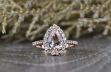 1.6ct Pear Cut Peach Morganite Engagement Ring 14k Rose Gold Finish Halo Promise