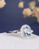 1.8ct Oval Cut Blue Aquamarine Diamond Halo Solitaire Ring 14k White Gold Finish