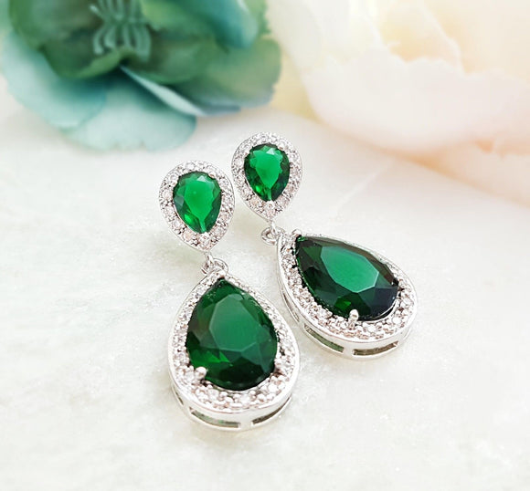 4ct Pear Cut Green Emerald Water Tear Halo Drop Earrings 14k White Gold Finish