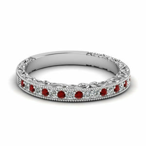 1ct Round Red Garnet Vintage Half Eternity Wedding Band Ring 14k White Gold Over