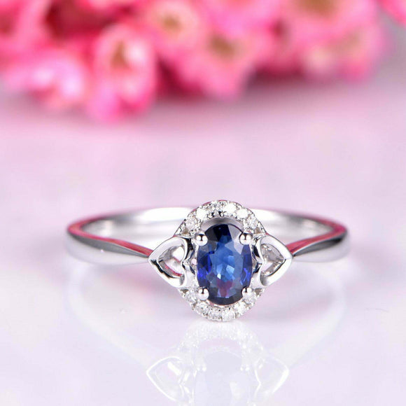 1.4ct Oval Cut Blue Sapphire Engagement Ring Halo Solitaire 18k WhiteGold Finish