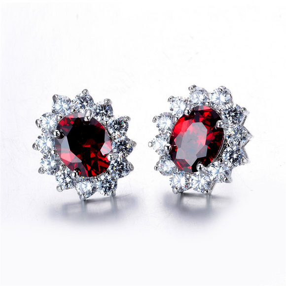 2ct Oval Cut Red Garnet Halo Floral Design Stud Earrings 14k White Gold Finish