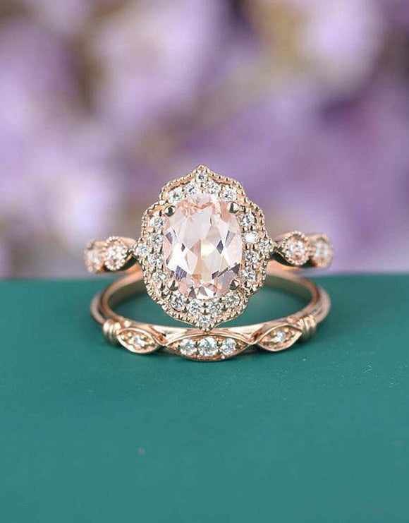 2ct Oval Cut Morganite Engagement Ring Vintage Bridal Set 14k Rose Gold Finish