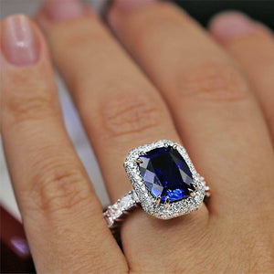 3ct Cushion Cut Blue Sapphire Engagement Ring 14k WhiteGold Finish Halo Cocktail