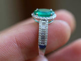 4ct Oval Green Emerald Engagement Ring Halo Baguette Accent 14k White Gold Over