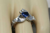 1ct Heart Blue Sapphire Engagement Ring Diamond Claddagh 14k White Gold Finish