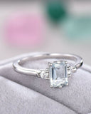 3Ct Emerald Cut Blue Aquamarine Engagement Ring 14K White Gold Over Round Accent