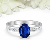 1.2ct Oval Cut Blue Sapphire Diamond Accent Solitaire Ring 14k White Gold Finish