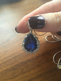 1.6ct Blue Sapphire Pendant Pear Cut Diamond Halo 14k White Gold Finish NO CHAIN