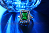 3Ct Radiant Cut Green Emerald Hollow Halo Engagement Ring 14K White Gold Finish