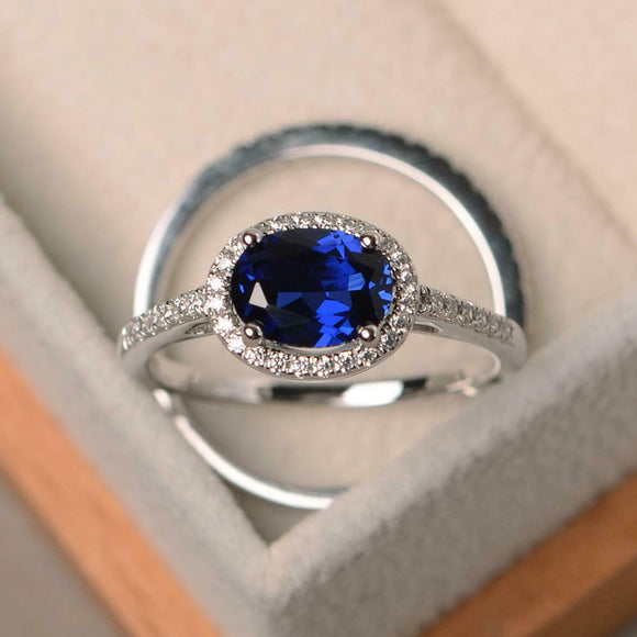 2ct Oval Cut Blue Sapphire Engagement Ring Bridal Set Halo 14k White Gold Finish