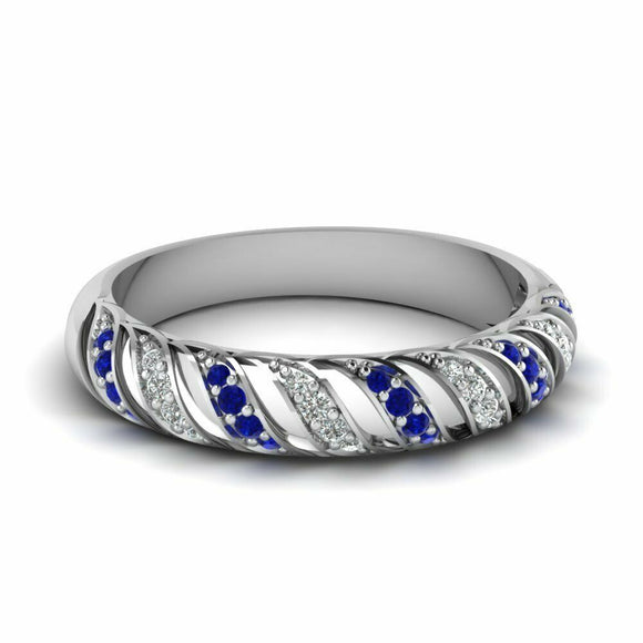 1ct Round Cut Blue Sapphire Half Eternity Wedding Band 14k White Gold Finish New