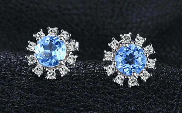 2.3ct Stud Earrings Round Cut Blue Topaz Diamond Floral 14k White Gold Finish