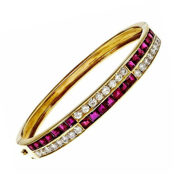 10ct Princess Round Cut Pink Ruby Two Row Unique Open Bangle 14k YellowGold Over