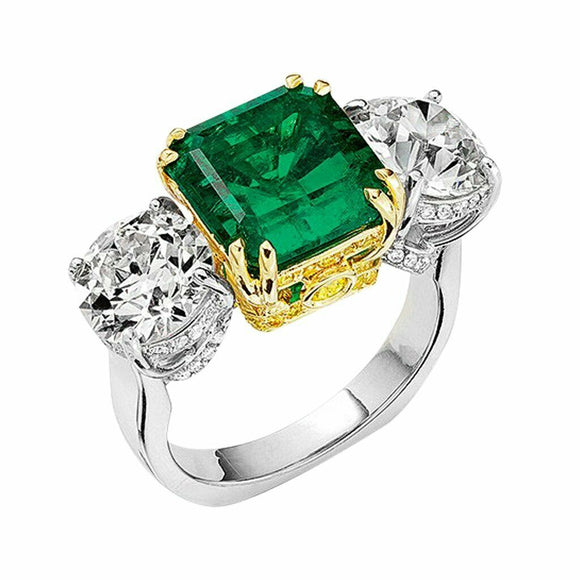 5Ct Asscher Cut Green Emerald Queens Trilogy Engagement Ring 14K Dual Gold Over