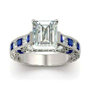 3Ct Emerald Cut Diamond Sapphire Vintage Engagement Ring 14K White Gold Finish