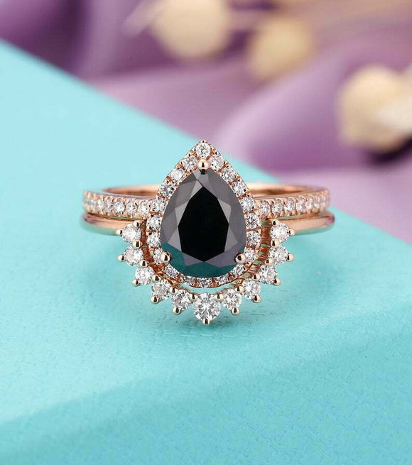 1.6ct Pear Cut Black Diamond Engagement Ring Halo Bridal Set 14k RoseGold Finish