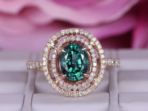 3ct Oval Green Emerald Engagement Ring Dual Halo Round Accent 14k Rose Gold Over