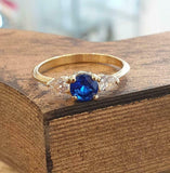 1ct Round Blue Sapphire Engagement Ring Pear Accent Trilogy 14k Yellow Gold Over