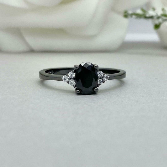 1ct Engagement Ring Oval Cut Black Diamond Petite Solitaire 14k BlackGold Finish