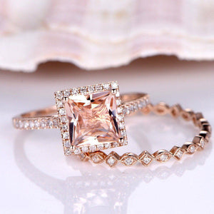 2ct Princess Peach Morganite Halo Bridal Set Engagement Ring 18k RoseGold Finish