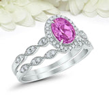 2.5ct Oval Cut Pink Sapphire Engagement Ring Bridal Set Halo 14k White Gold Over