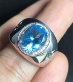 2ct Oval Cut Blue Topaz Signet Halo Men Engagement Ring 14k White Gold Finish