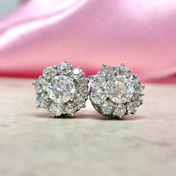 2ct Round Cut Moissanite Cluster Halo Stud Earrings 14k White Gold Plated