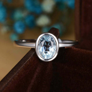 1ct Oval Blue Aquamarine Engagement Ring Bezel Set Solitaire 14k White Gold Over