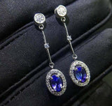 2.1ct Drop Earrings Oval Cut Blue Tanzanite Dangling Halo 14k White Gold Finish