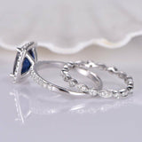 1ct Cushion Cut Blue Sapphire Bridal Set Engagement Ring 14k White Gold Finish