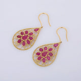 3ct Drop Earrings Pear Oval Cut Pink Ruby Filigree 14k Yellow Gold Finish