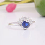 1.5ct Round Cut Blue Sapphire Diamond Crown Engagement Ring 14k WhiteGold Finish